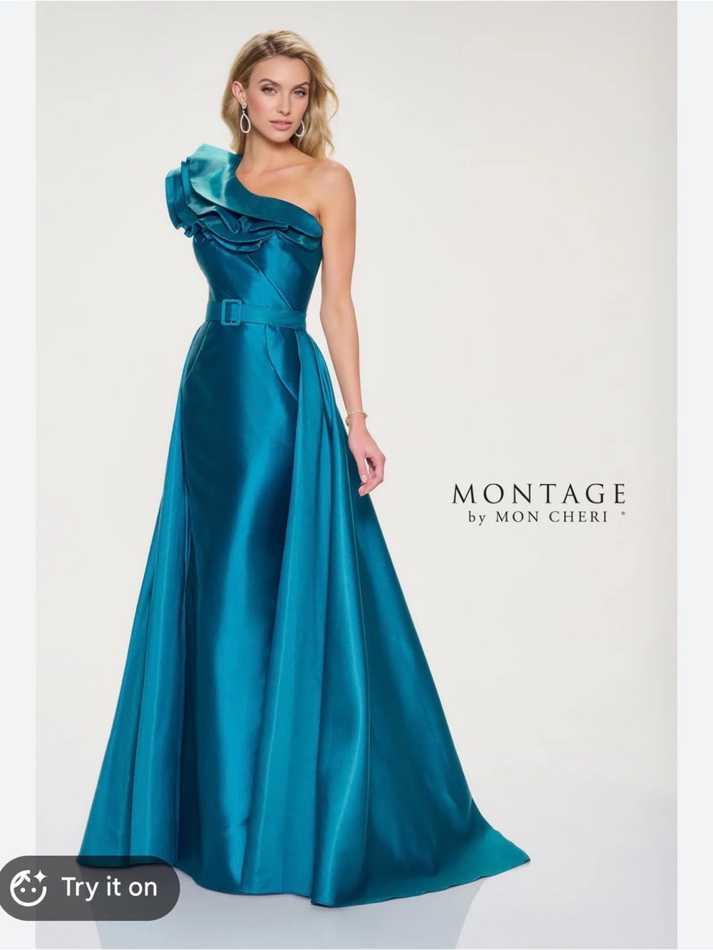 Montage by Mon Cheri Teal One-Shoulder Satin Gown